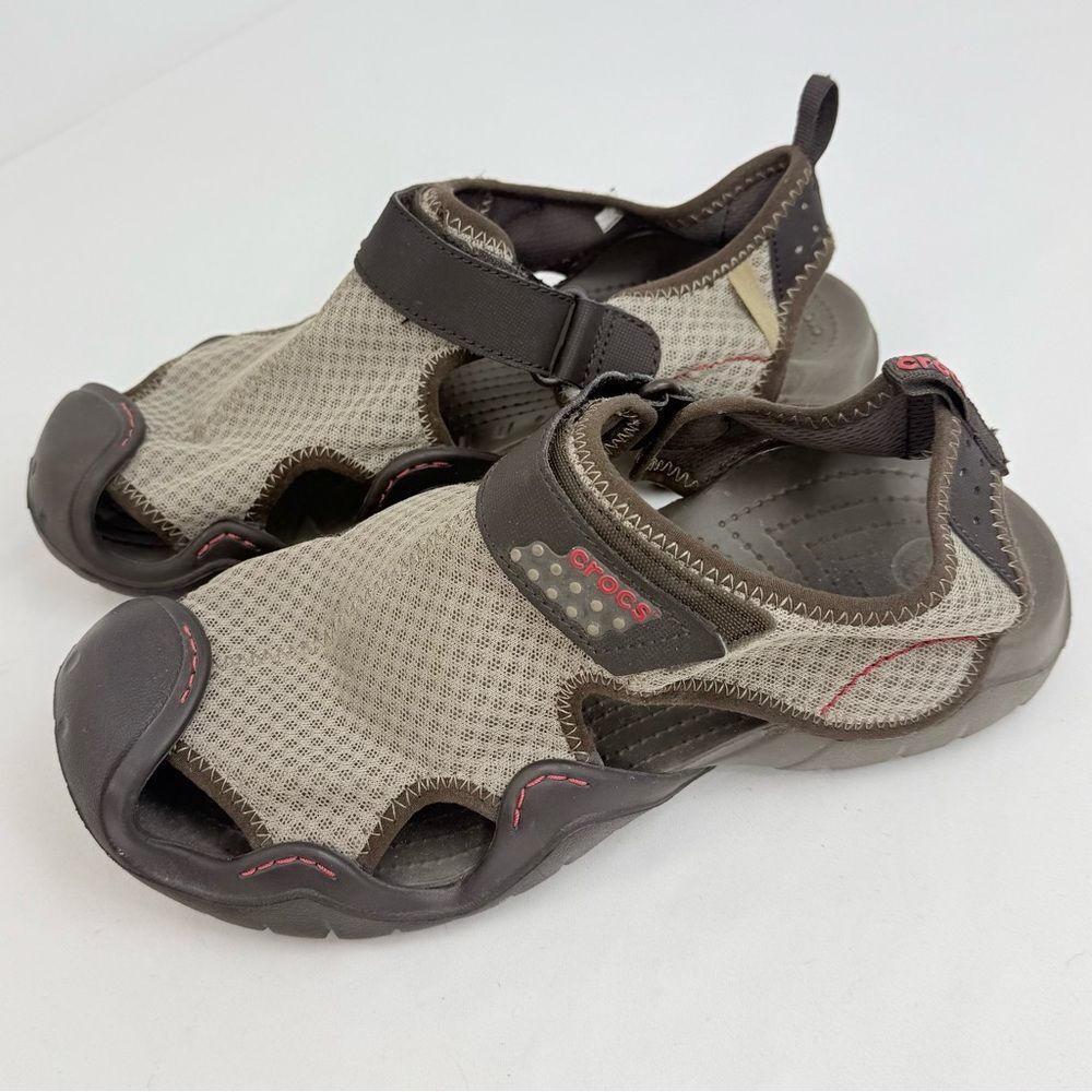 Crocs Swiftwater Tan Mesh Brown Rubber Closed Toe Deck Water Sandal Shoes
